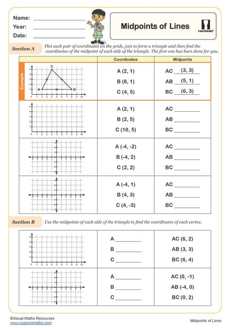 Midpoints of Lines Worksheet | PDF printable Geometry Worksheets Ks3 Maths Worksheets, Year 9 Maths Worksheets, Year 8 Maths Worksheets, Ks1 Maths Worksheets, Year 6 Maths Worksheets, Year 7 Maths Worksheets, Year 5 Maths Worksheets, Year 7 Maths, Year 4 Maths Worksheets