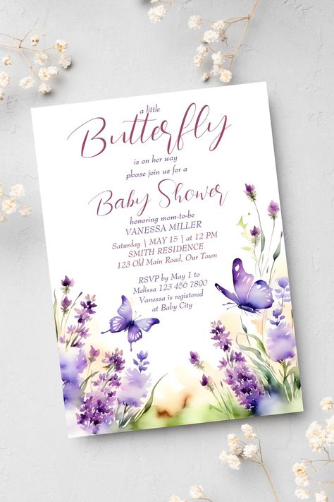 Butterfly baby shower template invitation digital download purple lilac pastel watercolor meadow Lilac Baby Shower, Butterfly Pastel, Watercolor Meadow, Lilac Pastel, Butterfly Meadow, Wildflower Baby Shower, Baby Shower Purple, Template Invitation, Pastel Lavender