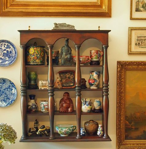 Entry Table With Mirror, Small Display Shelf, Small Curio Cabinet, Curio Cabinet Displays, Blue And White Curtains, Audubon Prints, Curio Shelf, Glass Front Cabinets, Shadow Box Art