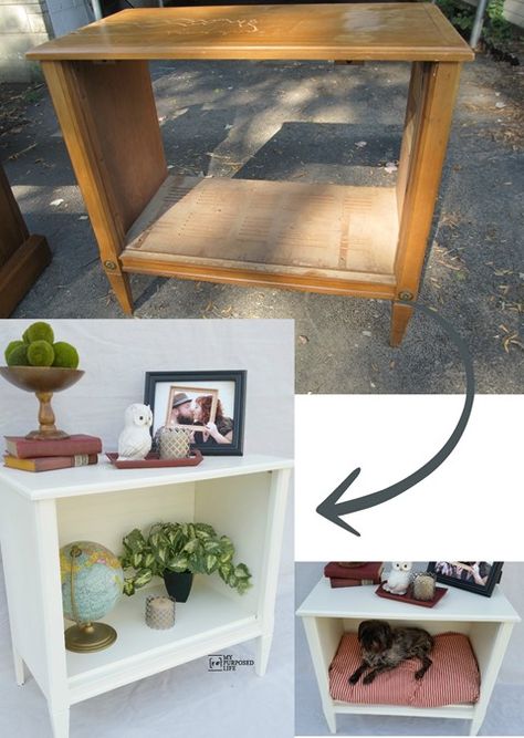 Re-purposed TV Stand Side Table Repurposed Tv Stand, Furniture Tv Stand, Old Tv Stands, Cabinet Side Table, Shelf Makeover, Furniture Ads, Side Stand, Diy Garden Furniture, Weekend Projects