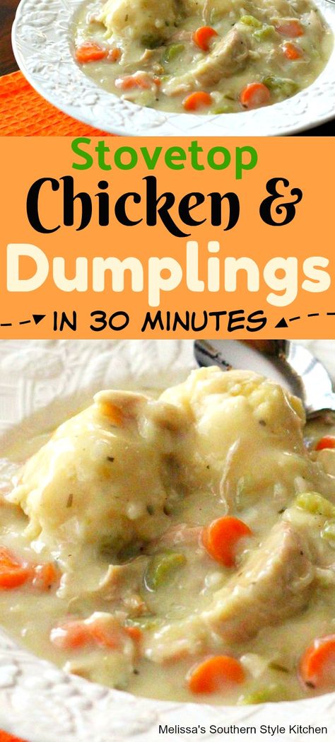 Stovetop Chicken And Dumplings In 30 Minutes Stovetop Chicken And Dumplings, Easy Chicken Dumpling Recipes, Bisquick Chicken, Chicken Dumpling Soup, Chicken Dumplings Recipe, Stovetop Chicken, Homemade Chicken And Dumplings, Dumplings For Soup, Dumpling Recipe