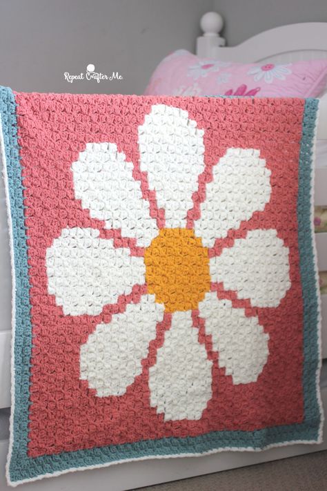 Crochet Daisy C2C Blanket with Bernat Blanket Tiny - Repeat Crafter Me Baby Crochet Gifts, Crochet Patterns Free Blanket Afghans, Daisy Blanket, Crochet C2c Pattern, C2c Blanket, Crochet Curtain Pattern, Crochet Flower Blanket, C2c Crochet Blanket, Repeat Crafter Me