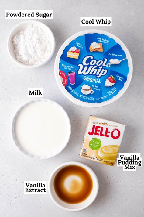 This easy cool whip frosting recipe is the perfect topping for cakes and cupcakes. In just 5 minutes with 5 simple ingredients, you'll have a delicious, creamy homemade frosting. Cool Whip Icing Recipe, Cool Whip Pudding Frosting, Cool Whip Frosting Recipe, Cool Whip Pudding, Whipped Icing Recipes, Pudding Icing, Recipes Pudding, Whip Frosting, Pudding Frosting