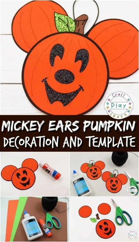 Today on Craft Play Learn we have a super fun and easy Mickey Pumpkin themed Halloween Decoration. Shaped as Mickey ears this super fun craft is a great idea for the little ones at home or at preschool. It’s simple easy and comes with a free Mickey halloween template.   #mickey #halloween #disneycraft #haloweencraft #kids #pumpkin Disney Halloween Crafts, Disney Halloween Diy, Halloween Kita, Disney Crafts For Kids, Halloween Template, Mickey Mouse Crafts, Disney Halloween Decorations, Halloween Themes Decorations, Craft Halloween