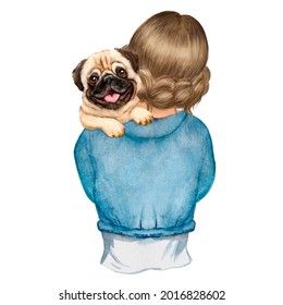 Una niña con un perro, una chica con un pug, un perro de raza de cerdo, una mujer con un perro en sus manos, su adorado perro con una acuarela Pug Facts, Animal Photography Dogs, Pug Illustration, Puppy Pug, Cute Dog Drawing, Cute Dogs Images, Pugs And Kisses, Gift Png, Pug Art