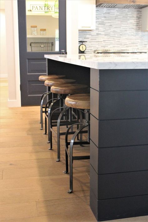 Black painted shiplap on kitchen island by Rafterhouse Shiplap Island, Kitchen Island Black, Shiplap Kitchen, Black Kitchen Island, American Kitchen, Modern Kitchen Island, Kitchen Island With Seating, Smitten Kitchen, Diy Kitchen Island