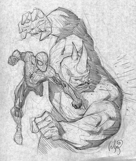 Rhino Sketch, Inking Practice, Comic Pencils, Superhero Sketches, Ryan Ottley, Spiderman Poses, Marvel Art Drawings, Comic Book Drawing, Spiderman Drawing