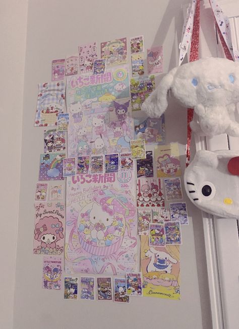 sanrio poster wall with photos from aliexpress, #kawaii #cutecore🎀🍓🎤🍮 #cutecore #cutecore🎀🦴🍮🐾 Sanrio Wall Collage, Sanrio Wall Decor, Kawaii Wall Collage, Wall With Photos, Kawaii Wall Decor, Sanrio Poster, Kawaii Rooms, Cutecore Room, Maximalist Wall Decor