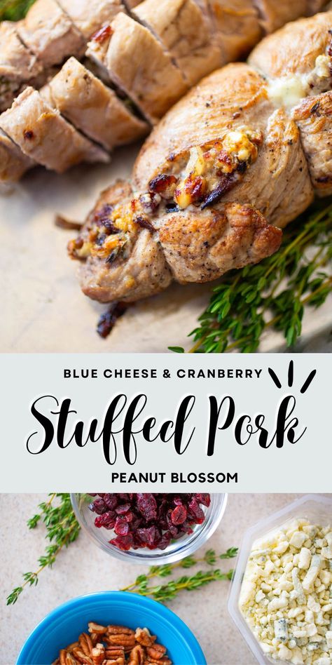 Cranberry Blue Cheese Stuffed Pork Tenderloins Cranberry Stuffed Pork Tenderloin, Blue Cheese Stuffed Pork Tenderloin, Cranberry Orange Pork Tenderloin, Stuffed Pork Tenderloins, Pork Tenderloin Stuffed With Apples, Apple Cranberry Pork Tenderloin, Guy Food, Cranberry Filling, Juicy Pork Tenderloin