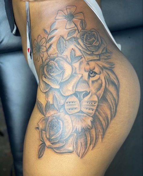 Tapout Tattoo Session, Lion Tattoo For Women Thighs, Cute Thigh Tattoos Black Women, Hip And Thigh Tattoos Women, Side Thigh Tattoos Women Unique, Lion Thigh Tattoo, Side Thigh Tattoos Women, Pretty Thigh Tattoos, Fire Tattoos