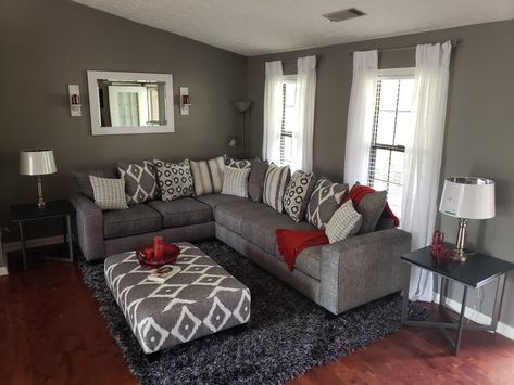 Grey Living Room With Red Accents, Gray And Burgundy Living Room, Red And Gray Living Room Decor, Red And Grey Living Room, Red Grey Living Room, Grey And Red Living Room Ideas, Gray Beige Red Living Room, Red Grey Living Room Decor, Gray And Red Bedroom