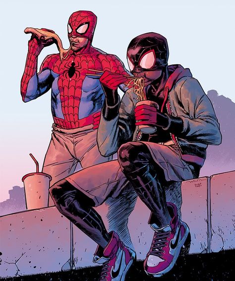 Mat(heus) Lopes’s Instagram profile post: “Nothing like having a bite of pizza while hanging out with your mentor from another dimension in the top of NYC 🍕🕷🌇 . Nada como comer um…” Spider Man And Miles Morales, Gwen Spiderman, Spiderman Wallpaper, Marvel Comics Vintage, Marvel Statues, Spiderman Movie, Comic Book Superheroes, Spiderman Artwork, Spiderman Pictures