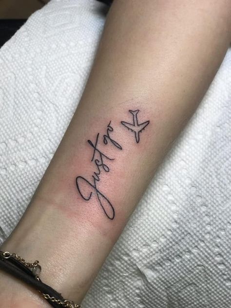 Just Go Tattoo Travel, Just Go Tattoo, Vacation Tattoo Ideas, Sarah Tattoo, Go Tattoo, Plane Tattoo, Hawaii Tattoos, Vegas Tattoo, Airplane Tattoos