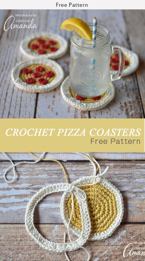 Crochet Pizza Coasters Free Pattern #Freepattern #Crochet #Coaster Crochet Cookie Coaster, Crochet Coaster Gamer, Cookie Coaster Crochet, Crochet Burger Coaster, Pizza Crochet, Crochet Earth, Sushi Crochet Coaster, Crochet Pizza, Coasters Free Pattern