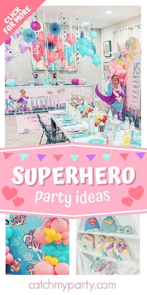 Super Hero Birthday Party Ideas For Girl, Princess Superhero Party, Girl Super Hero Birthday Party Ideas, Girls Superhero Birthday Party, Princess And Superhero Party Decorations, Princess And Superhero Party, Super Hero Girls Birthday Party, Supergirl Birthday Party, Ghost Spider Birthday Party