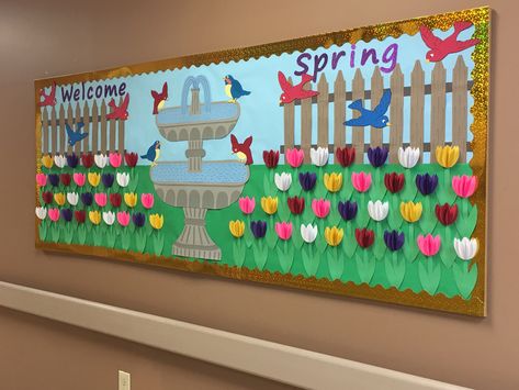 Fountain/birds/tulips bulletin board- May 2019 Spring And Summer Bulletin Board Ideas, Welcome Spring Bulletin Boards, Flower Bulletin Boards Preschool, Bulletin Board Ideas March, Bird Bulletin Board Ideas, May Bulletin Board Ideas Preschool, Spring Bulletin Boards For School, Spring Classroom Bulletin Boards, Spring Bulletin Board Ideas For School