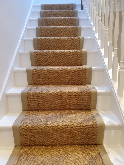 Cream Carpet Runner On Stairs, Sisal Stair Carpet, Hallway Stairs And Landing, Green Hallway, Entrance Hall Decor, Carpet Staircase, Alternative Flooring, Southern Mansions, Loft Stairs