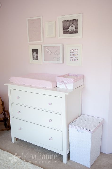 ikea hemnes nursery - Google Search White Girl Nursery, Baby Nursery Dresser, Dresser Pink, White Changing Table, Dresser Nursery, Gray Crib, Ikea Baby, Ikea Hemnes Dresser, Hemnes Dresser