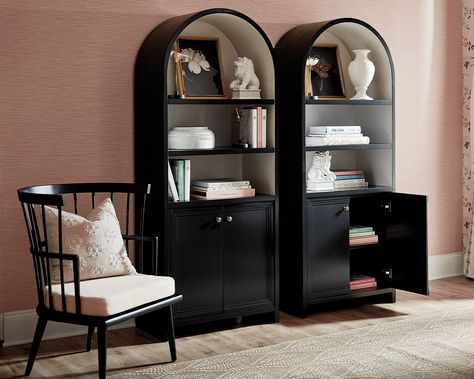 Budget-Friendly Finishing Touches for Your Home Under $100 Arched Bookcase, Display Cabinet Modern, Bookshelf Accessories, Cabinets With Glass Doors, Black Bookcase, Brass Pulls, Glass Cabinet Doors, Black Cabinets, Adjustable Shelves