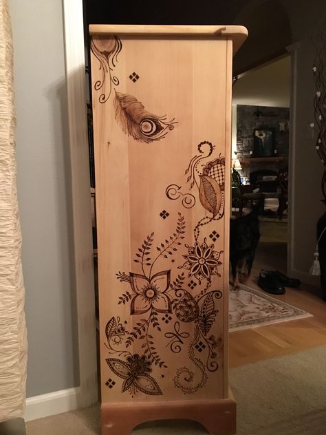 Wood burned design on dresser. Wood Burned Cabinets, Wood Burning Furniture, Wood Burned Dresser, Wood Burning Dresser, Wood Burning Ideas Butterfly, Wood Burned Jewelry Box Design, Wood Burn Jewelry Box Pyrography, Furniture Makeover Inspiration, Wood Burn Designs