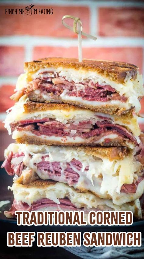 Enjoy a traditional corned beef Reuben sandwich with layers of tender corned beef, Swiss cheese, tangy sauerkraut, and creamy Thousand Island dressing on crispy rye bread. Corn Beef Reuben Sandwich, Bread Flavors, Ruben Sandwich, Corned Beef Reuben, Reuben Sandwich Recipe, Corned Beef Sandwich, Pastrami Sandwich, Russian Dressing, Corned Beef Brisket