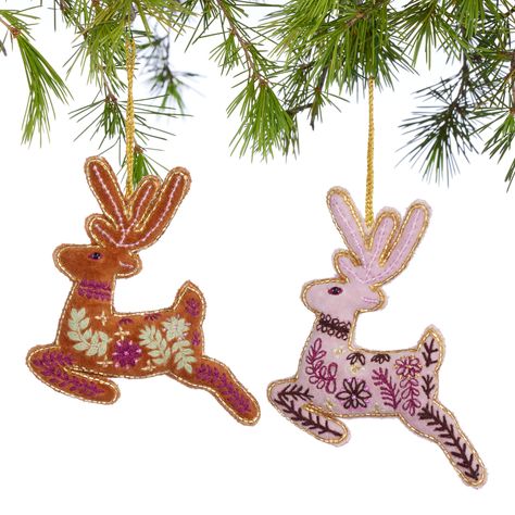 Velvet Embroidered Deer Ornaments Set of 2 - World Market Goat Ornament, Fabric Deer, Anthropologie Christmas, Deer Ornament, Christmas Atmosphere, Dala Horse, Christmas Ornament Sets, The Velvet, Magical Christmas