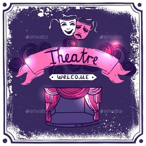 Theater performance promo poster sketch with masks stage curtain and ribbon banner vector illustration. Editable EPS and Render in Deforestation Drawing, Performing Arts Poster, Theatre Illustration, Poster Sketch, Theater Poster, Stage Curtains, Theater Performance, Promo Poster, Club Poster