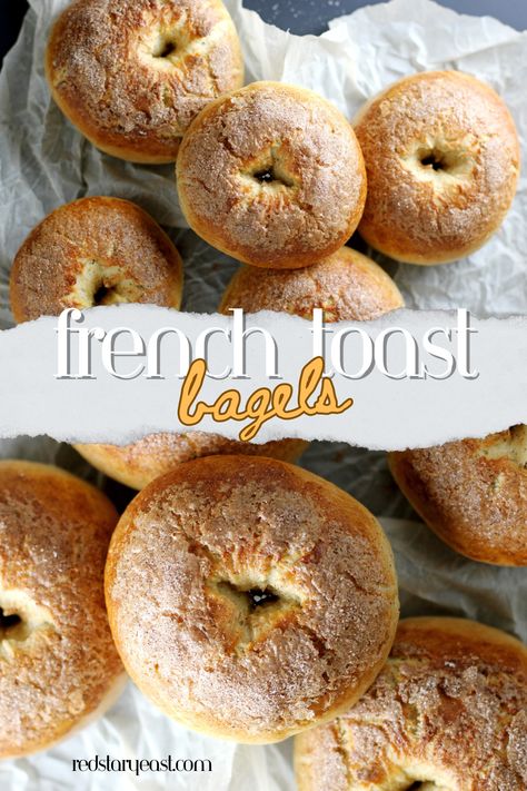 Why choose between French toast and bagels for breakfast when you can have both? These fluffy, soft bagels are easy to bake and taste just like classic French toast with maple, cinnamon, brown sugar and vanilla flavors. Don’t forget the cream cheese! How To Serve Bagels At A Party, Easy Begal Recipe, Brueggers Bagels Recipe, Cinnamon Swirl Bagels, Cinnamon Sugar Bagels, Unique Bagel Flavors, Cinnamon Bagel Recipe, Bagel Flavor Ideas, Flavored Bagels