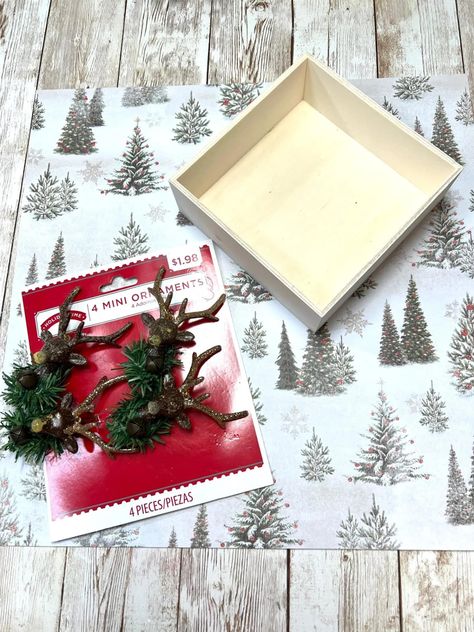 I love how this project turned... - Creating Through Chaos Diy Christmas Shadow Box, Decorating With Antlers, Shadow Box Ideas, Christmas Shadow Boxes, Deer Ornament, Winter Project, Country House Decor, Christmas Box, Shadow Boxes