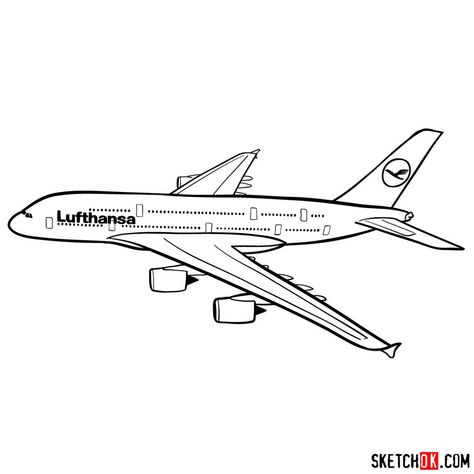 Airbus A380 Drawing, Airplane Drawing Easy, Russian Jet, Plane Drawing, Airplane Painting, Airplane Coloring Pages, Easy Drawing Guides, Easy Jet, Airplane Drawing