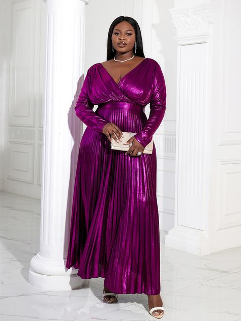 Plus Surplice Neck Pleated Hem Metallic Dress Party Dress Purple, Party Dress Codes, Plus Size Party Dresses, Dress Sleeve Styles, Dress Order, Sparkly Dress, Dress Purple, Metallic Dress, Luxury Dress