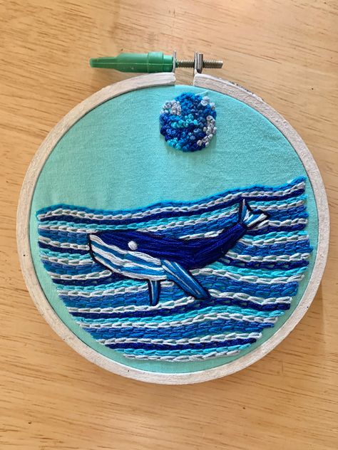 Blue themed whale embroidery Whale Embroidery, Embroidery Shop, Blue Whale, Embroidery Hoop Art, Hoop Art, Chain Stitch, Poplin Fabric, Embroidery Hoop, Embroidery Art