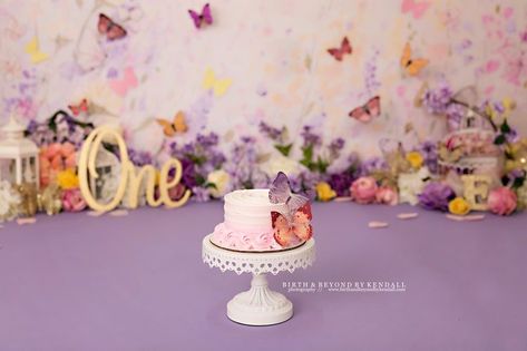 Butterfly One Year Birthday Photoshoot, Purple Butterfly Photoshoot, Purple First Birthday Photoshoot, Butterfly Cake Smash Photography, Butterfly 1st Birthday Photoshoot, Butterfly Smash Cake First Birthdays, Butterfly First Birthday Photoshoot, Purple Butterfly First Birthday, Fairy First Birthday Photo Shoot