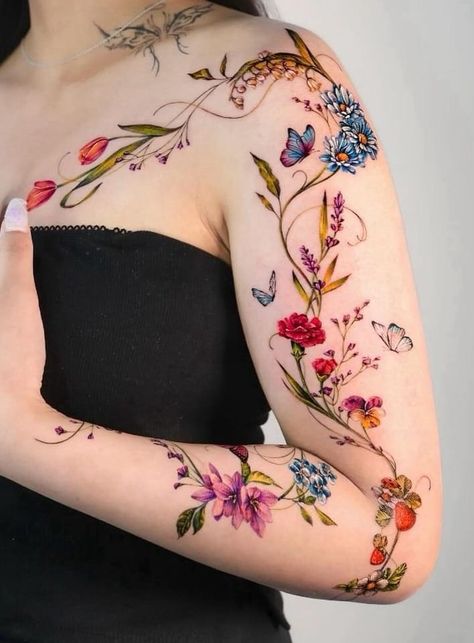 Colorful Chest Tattoo, Lgbt Tattoo, Feminine Shoulder Tattoos, Bookish Tattoos, Beautiful Flower Tattoos, Tato Lengan, Tasteful Tattoos, Vine Tattoos, Tatuaje A Color