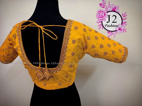 Mustard Yellow Aari Work Blouse, Yellow Aari Work Blouse, Mustard Yellow Blouse Designs, Yellow Blouse Designs, Bridal Blouse Work, Mustard Yellow Blouse, Sari Blouse Designs, Aari Work Blouse, Maggam Work Blouses