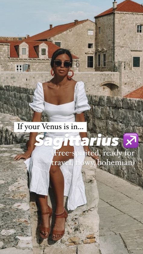 How to dress according to your Venus sign — ASHLINA KAPOSTA Venus In Leo Woman Style, Dress Like Your Venus Sign Sagittarius, Venus In Sagittarius Woman Style, Sagittarius Dressing Style, Sagitarrius Venus Style, Dressing Like Your Venus Sign Sagittarius, Sagittarius Clothes Style, Sagittarius Style Aesthetic, Sag Venus Style