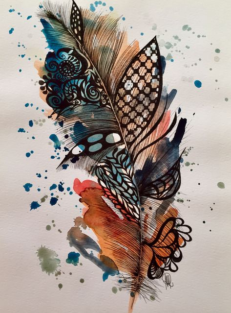 Botanical Tattoos, Joy And Sorrow, Feather Watercolor, Feather Drawing, Diy Watercolor Painting, Real Leaves, Watercolor Painting Techniques, Feather Art, Happy Paintings