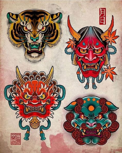 Japanese Demon Tattoo, Japanese Mask Tattoo, Traditional Japanese Tattoo Flash, Oni Mask Tattoo, Oni Tattoo, Japanese Oni, Demon Tattoo, Japan Tattoo Design, Japanese Dragon Tattoos