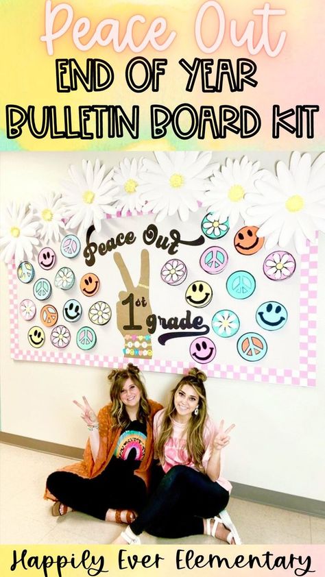 Hippie Bulletin Board Ideas, Groovy Year Bulletin Board, Peace Out Bulletin Board, Good Vibes Bulletin Board, Peace Bulletin Board Ideas, End Of The Year Bulletin Board Preschool, Retro Classroom Bulletin Board, Checkered Bulletin Board, End Of Year Bulletin Boards Elementary