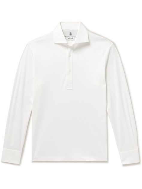 Find BRUNELLO CUCINELLI Cotton-jersey Polo Shirt It 44 on Editorialist. Few designers epitomise the concept of quiet luxury like Brunello Cucinelli. This long-sleeved polo shirt is made from classic cotton-jersey in a minimalist cut. The placket fastens with mother-of-pearl buttons. Brunello Cucinelli Men, Slim Fit Polo, Polo Shirt White, White Polo, Polo Sweater, Quiet Luxury, Pique Polo Shirt, Long Sleeve Polo Shirt, Cotton Polo Shirt