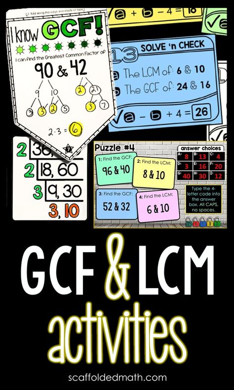 How do you teach students to find greatest common factors and least common multiples? Do you have them create prime factor trees or use the ladder method? In this post are a couple visual supports for students learning to find GCF and LCM as well as a few engaging practice activities. Gcf Lcm Activities, Lcm And Gcf Activities Math Games, Least Common Multiple Activities, Gcf And Lcm Activities, Greatest Common Factor Activities, Factor Tree Project Ideas, Prime Factorization Activities, Lcm Worksheet, Gcf And Lcm