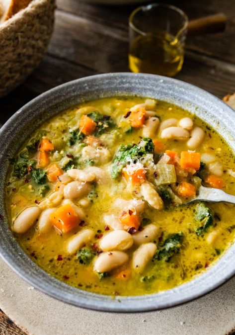 Tuscan White Bean Soup Recipe (Hearty Italian) - CucinaByElena Tuscan Cannellini Bean Soup, Portuguese White Bean Soup, Tuscan Robillita Soup, Crock Pot Tuscan Soup, Tuscany Bean Soup, Simple Bean Soup, Tuscan Chickpea Soup, Tuscan Turkey Soup, Chickpea Vegetable Soup