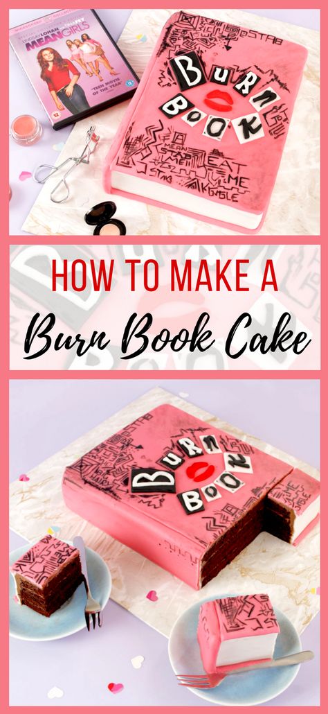 How to make a Mean Girls inspired Burn Book cake from the movie. I got an easy guide to make this awesome Devil's Food cake wrapped in fondant to make the perfect Mean Girls Party Cake Mean Girls Cupcakes, Mean Girls Cake Ideas, Burn Book Cake, Mean Girls Cake, Mean Girls Birthday Party Theme, Mean Girls Bachelorette Party, Born Book, 18th Birthday Cake For Girls