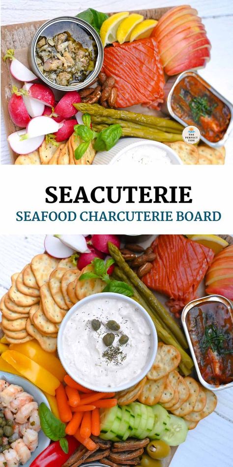 seacuterie board full of various seafoods Fish Charcuterie Board Ideas, Tinned Fish Charcuterie Board, Seacuterie Board Ideas, Seafood Charcuterie Board, Easy Seafood Appetizers, Seafood Charcuterie, Shrimp Crackers, Wedding Charcuterie, Seafood Appetizers Easy