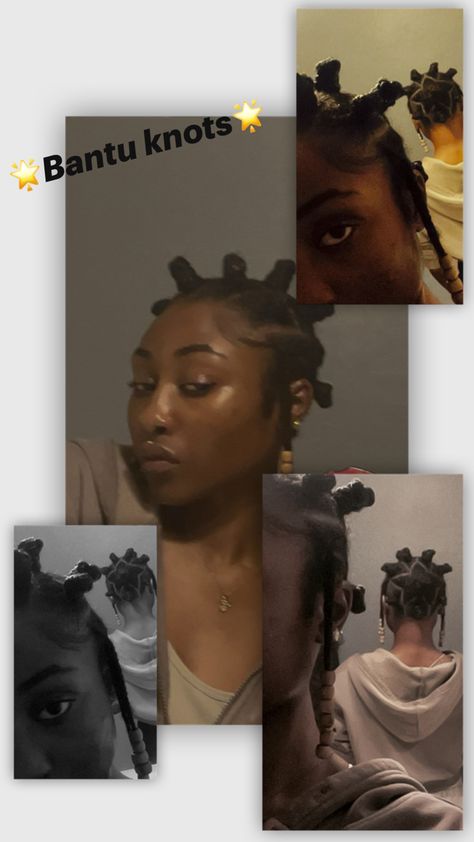 Bantu buns, star part in the middle, 2 braids small braids next to the ears, beads on the braids Nature Hairstyles, Bantu Knots, Updo Hairstyles, 4c Hairstyles, Black Girls Hairstyles, Protective Styles, Hair Updos, Girl Hairstyles, Hairstyles