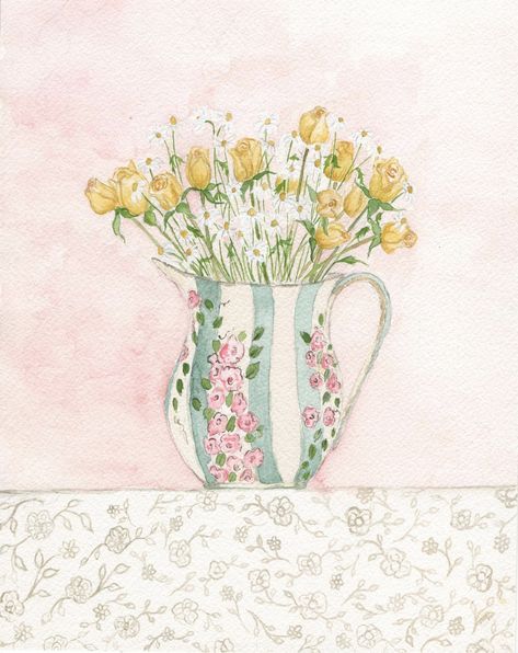 Yellow Rose Watercolor, Painting Daisy, Bouquet Watercolor, Cottagecore Art, Rose Watercolor, Daisy Art, Daisy Bouquet, Vintage Florals, Daisy Painting