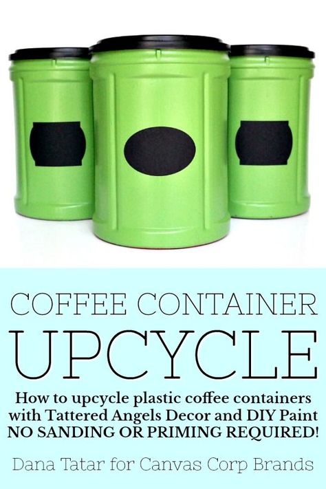 Dana Tatar shares how easy it is to upcycle plastic coffee containers with Tattered Angels Decor and DIY Paint. #TheyCallMeTatarSalad #CanvasCorpBrands #TatteredAngels #SimpleStorage #CoffeContainerIdeas #ThriftStoreCrafts #DollareStoreCrafts #PlasticCoffeeContainers Plastic Coffee Container Ideas, How To Paint Plastic Containers, Donut Container, Folgers Coffee Container Crafts, Folgers Coffee Container, Plastic Coffee Cans, Plastic Coffee Containers, Angels Decor, How To Paint Plastic