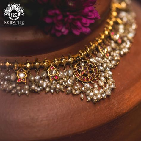 NS Jewells on Instagram: "An old antique Guttapusalu : the pearl embellished traditional gold necklace, a classic heritage jewellery hailing from Andhra Pradesh.

We got lucky to find a vintage one, in such pristine condition!

With all these Basra pearls and Burmese old rubies! Truly a beautiful treasure! 

Find such stunning traditional pieces at NS Jewells, Lavelle Road, Bengaluru.

.
📷 : @romaganeshphotography 
.
.
.
.
.
.

[ jewellery, handmade jewellery, gold, silver, diamonds,emerald, bridal jewellery, wedding jewellery, engagement rings, pearls, necklace, earrings , authentic antiques, gold plated, real gold jewellery]

.
.
.
.
.
.

#everydayjewelry #simplejewelry#handcraftedjewellery #custommadejewellery #jewellery 
#goldjewellery #gold #traditionaljewellery #diamonds #emerald #g Fancy Antique Jewellery, Moti And Gold Necklace, Old Jewellery Designs, Antique Guttapusalu, Old Indian Jewellery, Jewelery Shoot, Basra Pearls, Traditional Gold Necklace, Guttapusalu Haram