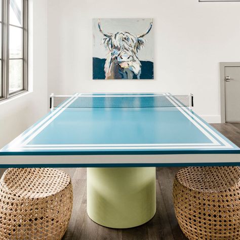 Finish shown: High Gloss Paint - Custom Colors Top : SW – Turkish Tile / 2 Bases : SW Melange Green / Stripes SW - Snowbound The Jenny Ping Pong Table is truly a one-of-a-kind ping pong table perfect for game night or pulling up stools for an additional playroom table. We love incorporating four stools underneath this table for extra seating and layering the space. Custom net included. (Stools, paddles, and balls not included.) The Jenny Ping Pong Table is available only in high gloss paint. Playroom Table, Turkish Tile, High Gloss Paint, Custom Top, Paint Colors Benjamin Moore, Benjamin Moore Paint, Gloss Paint, Living Table, Sofa Shop