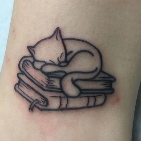 evil by the needle on Instagram: "Aww cute little kitty by @jon_rio_tattoos. #books #cats #kitty #kittycat #lines #kittytattoos #tattoos #tattoo #evilbytheneedle" Cat Book Tattoo, Cat And Book Tattoo, Icelandic Tattoo, Cat And Book, Books Tattoo, Cat Book, Tattoo Cat, Book Tattoo, Cat Books